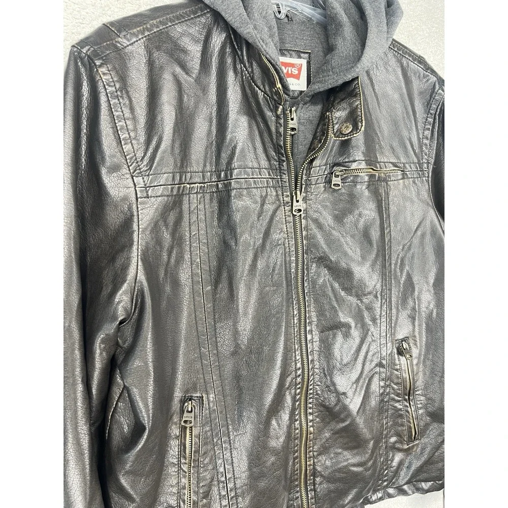 Levi's LM4RU924 Faux Leather Hooded Jacket Mens L Dark Brown Moto Bomber Bib